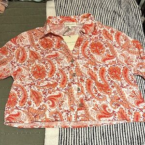 Cynthia Rowley Red and Orange Paisley Button Down Shirt